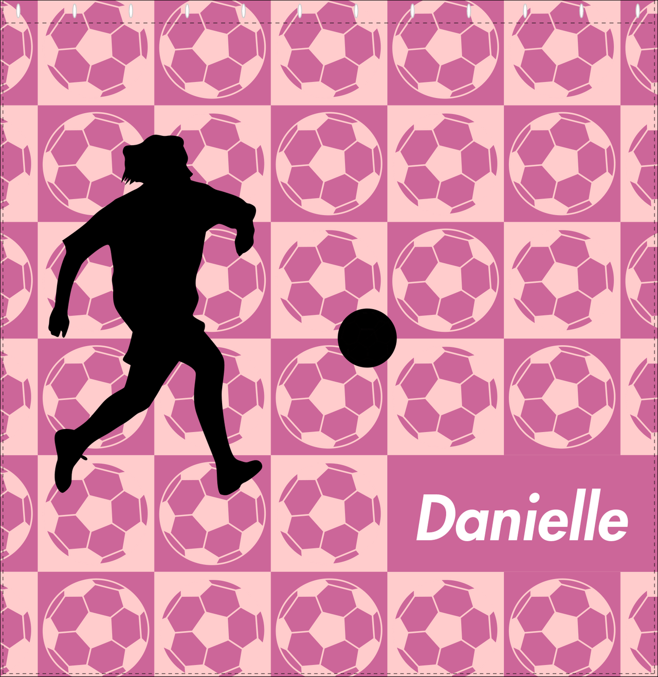Personalized Soccer Shower Curtain XLV - Pink Background - Girl Silhouette III - Decorate View