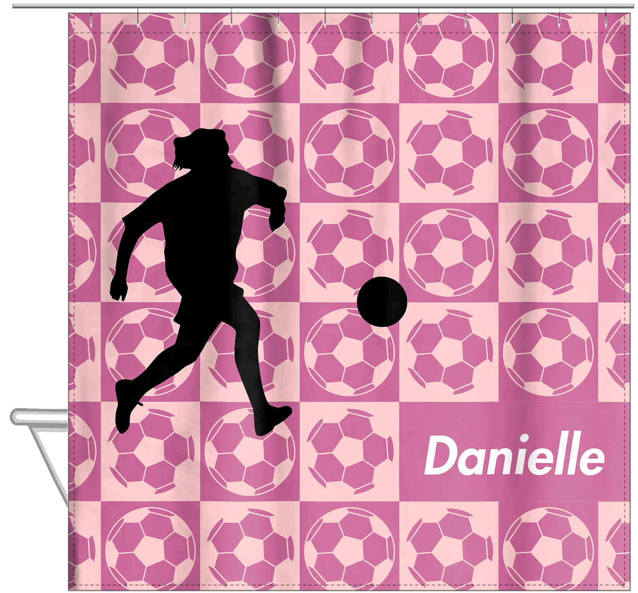 Personalized Soccer Shower Curtain XLV - Pink Background - Girl Silhouette III - Hanging View