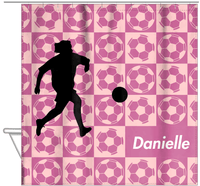 Thumbnail for Personalized Soccer Shower Curtain XLV - Pink Background - Girl Silhouette III - Hanging View