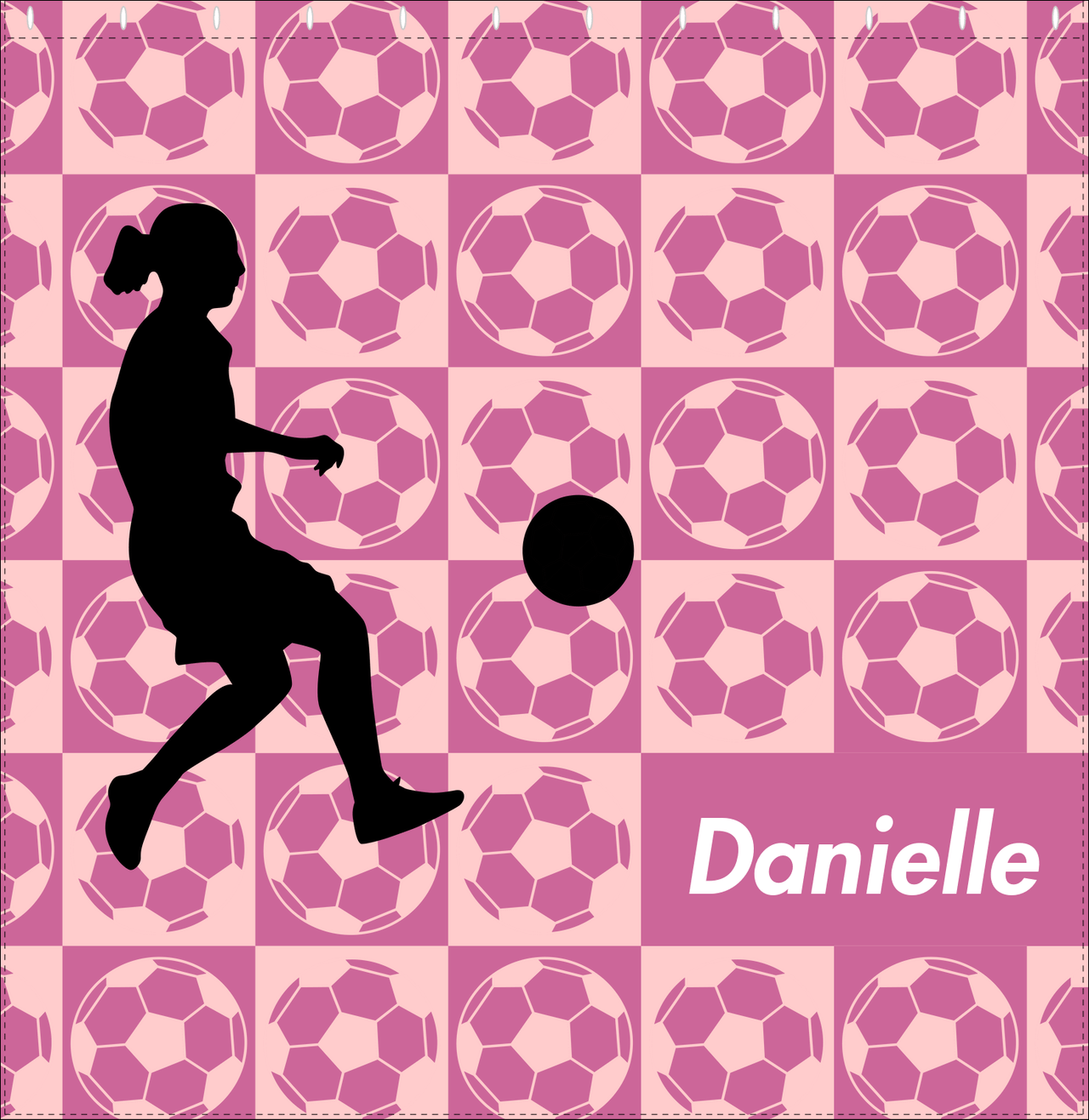 Personalized Soccer Shower Curtain XLV - Pink Background - Girl Silhouette IV - Decorate View
