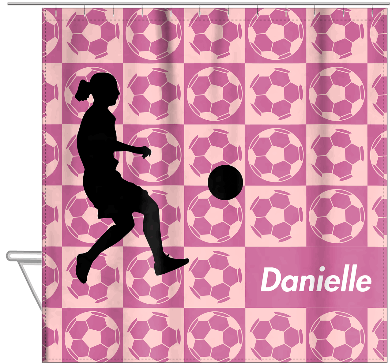 Personalized Soccer Shower Curtain XLV - Pink Background - Girl Silhouette IV - Hanging View