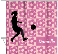 Thumbnail for Personalized Soccer Shower Curtain XLV - Pink Background - Girl Silhouette IV - Hanging View