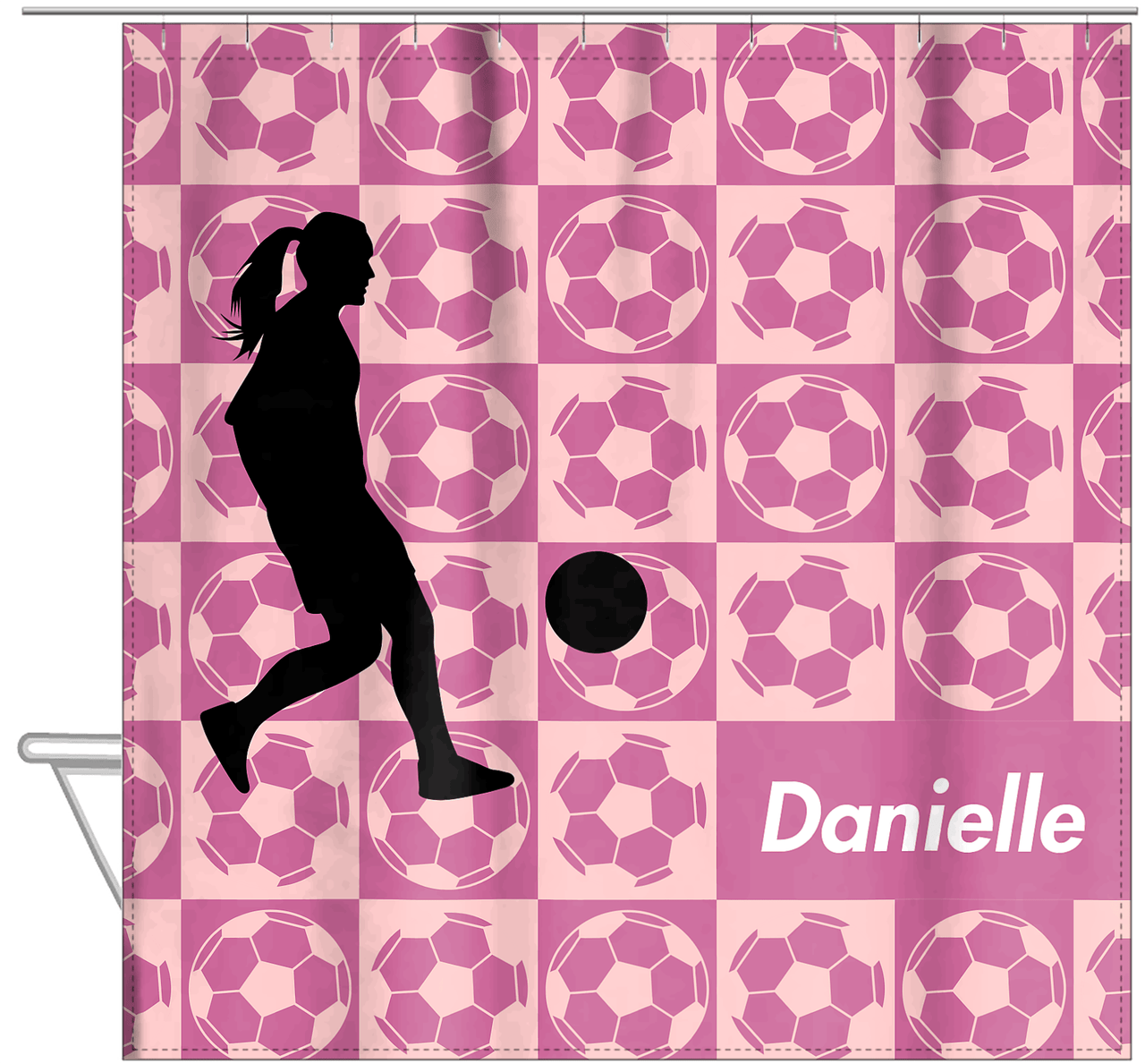 Personalized Soccer Shower Curtain XLV - Pink Background - Girl Silhouette V - Hanging View