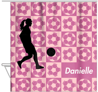 Thumbnail for Personalized Soccer Shower Curtain XLV - Pink Background - Girl Silhouette V - Hanging View
