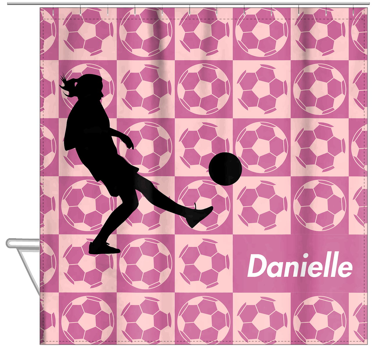 Personalized Soccer Shower Curtain XLV - Pink Background - Girl Silhouette VI - Hanging View