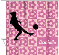 Thumbnail for Personalized Soccer Shower Curtain XLV - Pink Background - Girl Silhouette VI - Hanging View