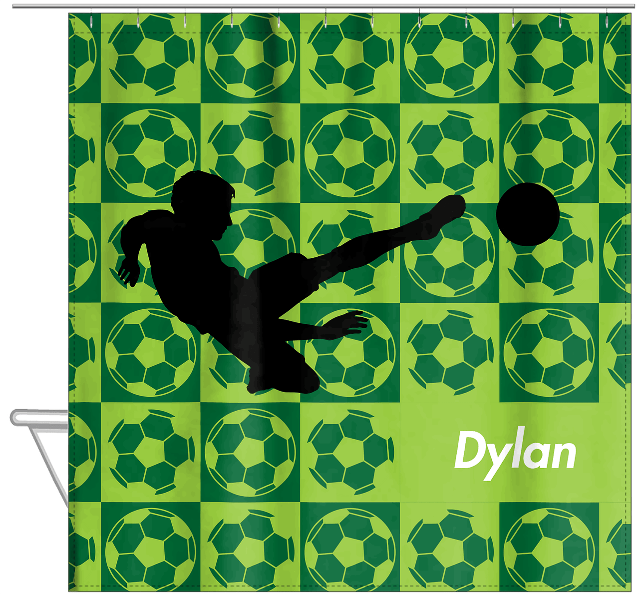 Personalized Soccer Shower Curtain XLVI - Green Background - Boy Silhouette I - Hanging View