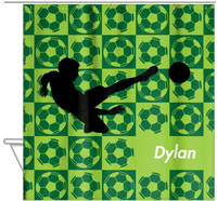 Thumbnail for Personalized Soccer Shower Curtain XLVI - Green Background - Boy Silhouette I - Hanging View