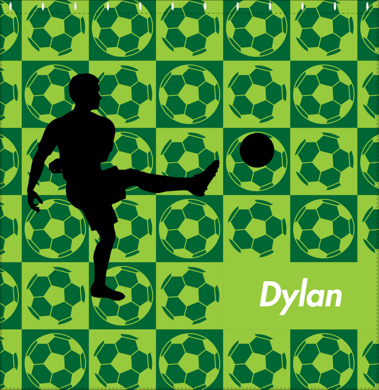 Personalized Soccer Shower Curtain XLVI - Green Background - Boy Silhouette II - Decorate View