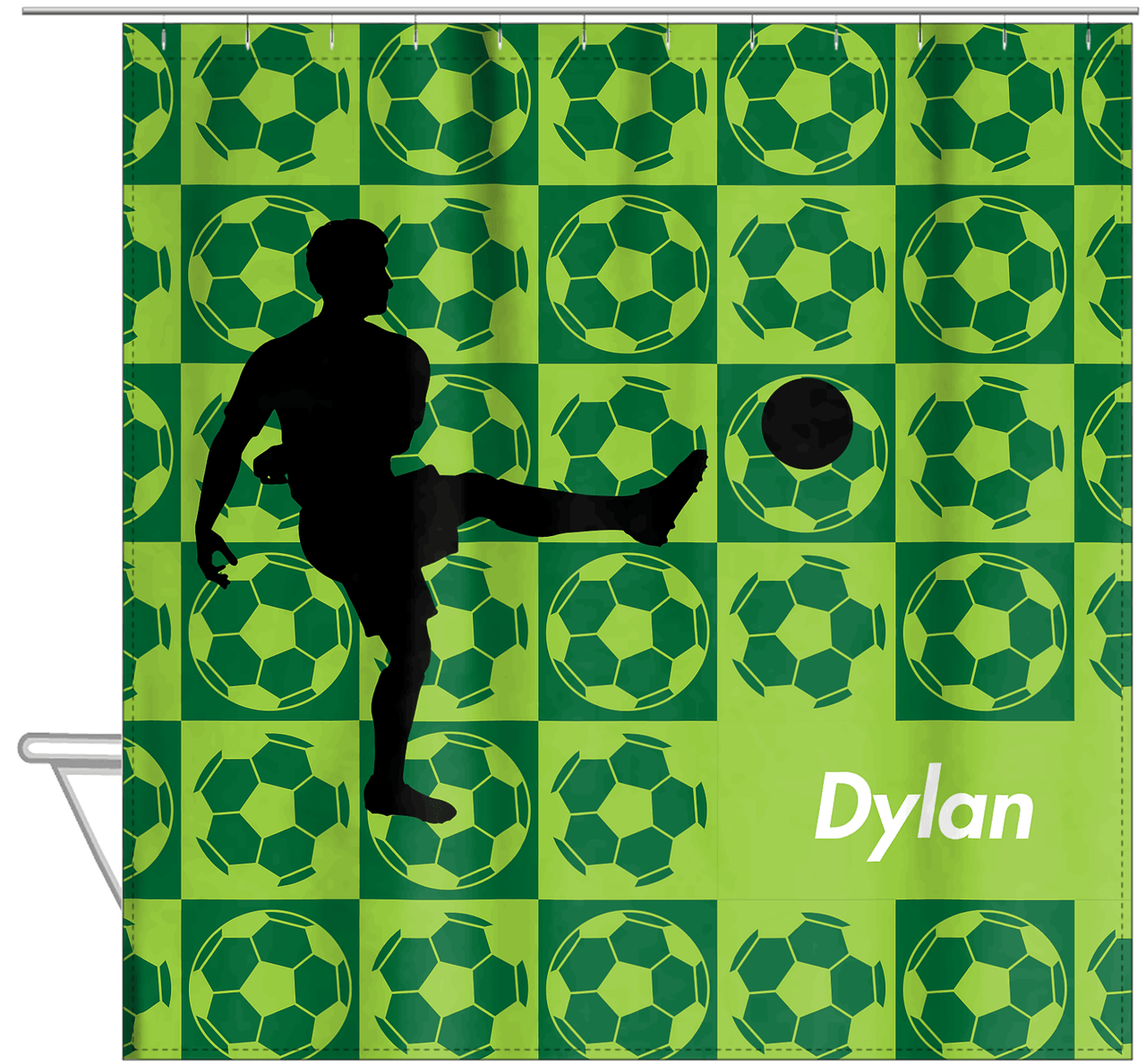 Personalized Soccer Shower Curtain XLVI - Green Background - Boy Silhouette II - Hanging View