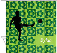 Thumbnail for Personalized Soccer Shower Curtain XLVI - Green Background - Boy Silhouette II - Hanging View