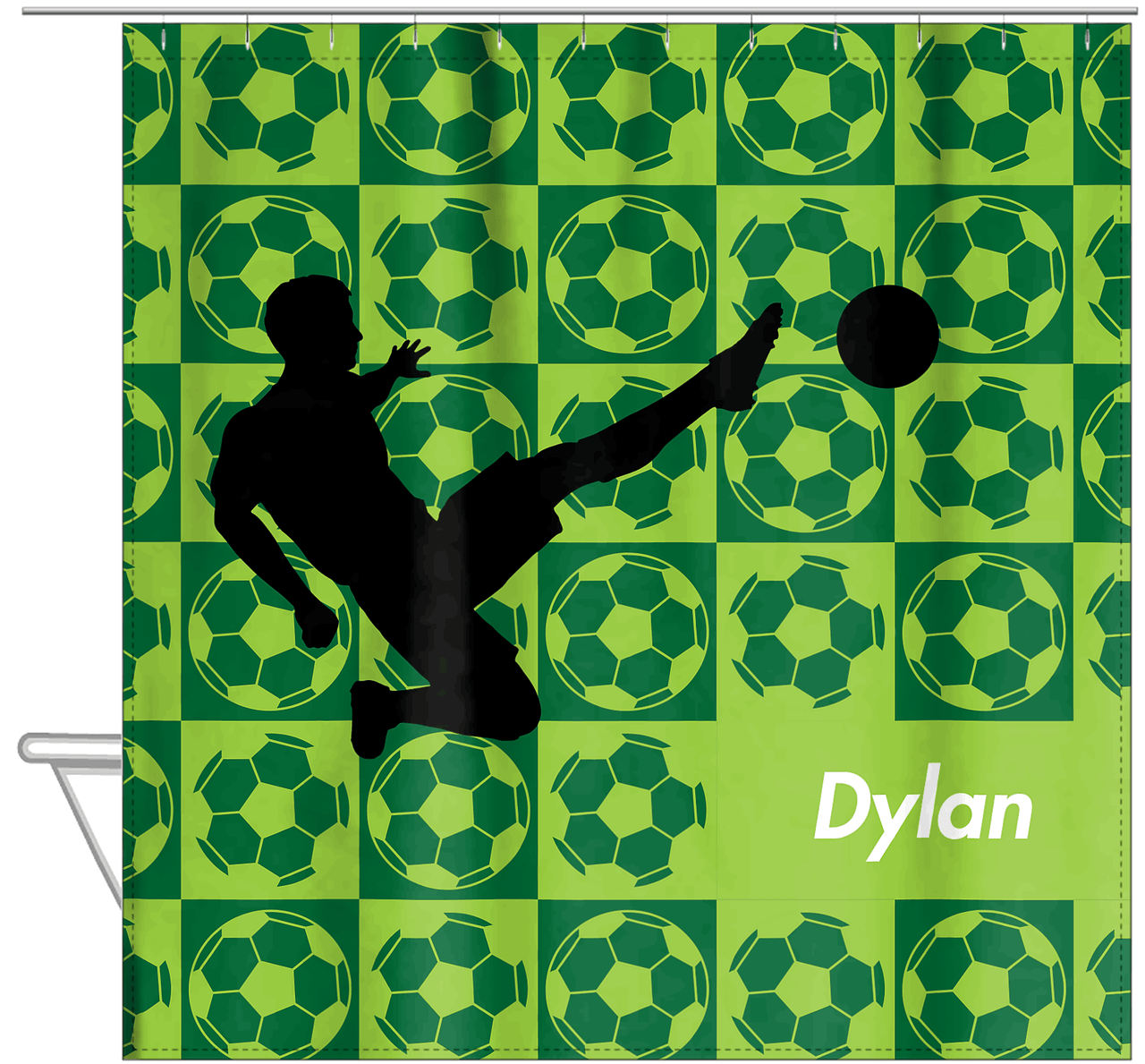 Personalized Soccer Shower Curtain XLVI - Green Background - Boy Silhouette III - Hanging View