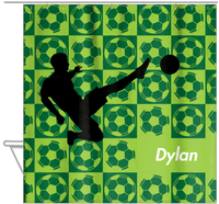 Thumbnail for Personalized Soccer Shower Curtain XLVI - Green Background - Boy Silhouette III - Hanging View