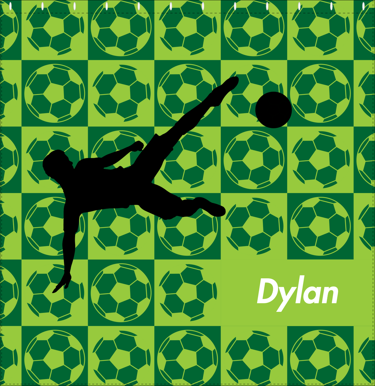 Personalized Soccer Shower Curtain XLVI - Green Background - Boy Silhouette IV - Decorate View
