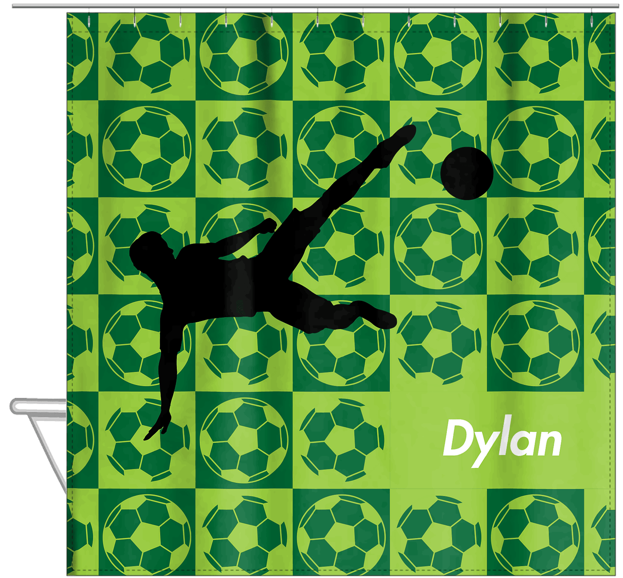Personalized Soccer Shower Curtain XLVI - Green Background - Boy Silhouette IV - Hanging View