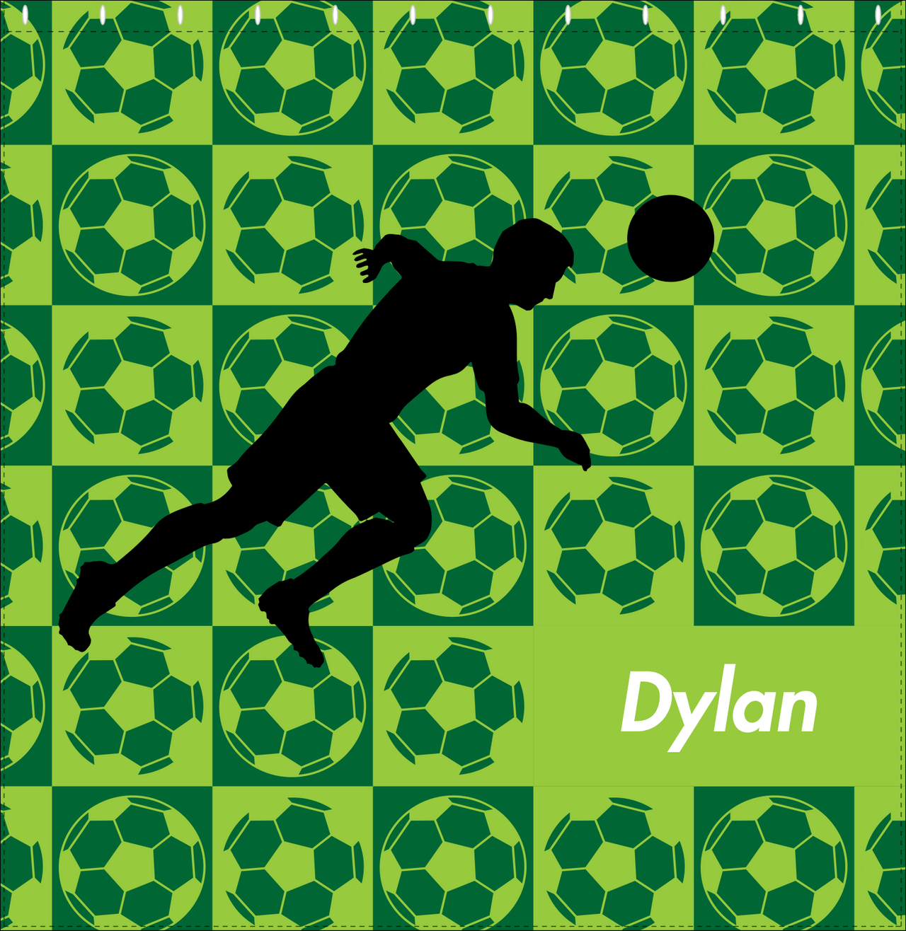 Personalized Soccer Shower Curtain XLVI - Green Background - Boy Silhouette V - Decorate View