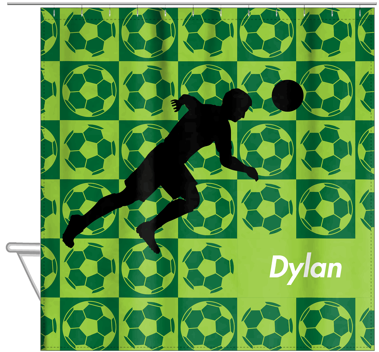 Personalized Soccer Shower Curtain XLVI - Green Background - Boy Silhouette V - Hanging View
