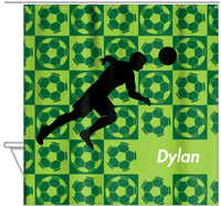 Thumbnail for Personalized Soccer Shower Curtain XLVI - Green Background - Boy Silhouette V - Hanging View