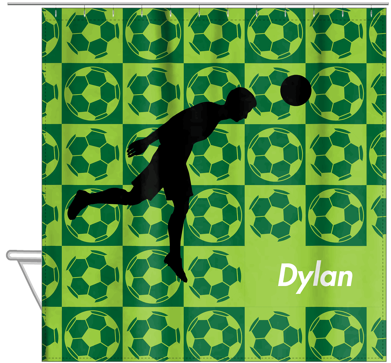 Personalized Soccer Shower Curtain XLVI - Green Background - Boy Silhouette VI - Hanging View
