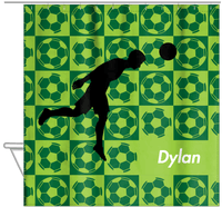 Thumbnail for Personalized Soccer Shower Curtain XLVI - Green Background - Boy Silhouette VI - Hanging View
