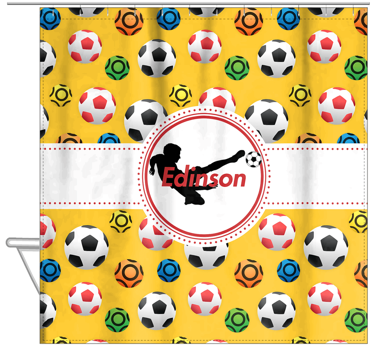 Personalized Soccer Shower Curtain XLVII - Yellow Background - Boy Silhouette I - Hanging View