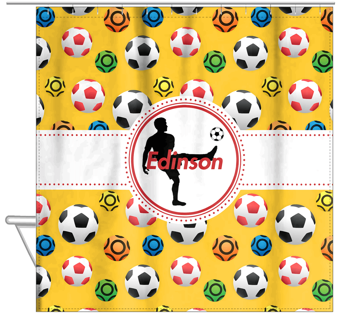 Personalized Soccer Shower Curtain XLVII - Yellow Background - Boy Silhouette II - Hanging View