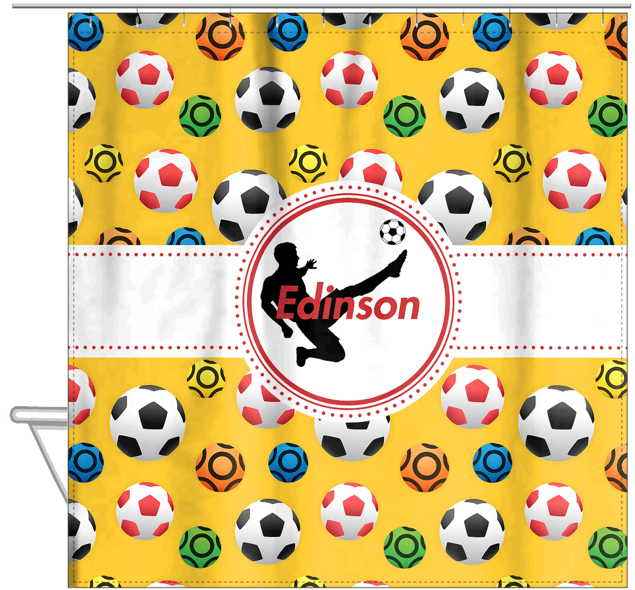 Personalized Soccer Shower Curtain XLVII - Yellow Background - Boy Silhouette III - Hanging View