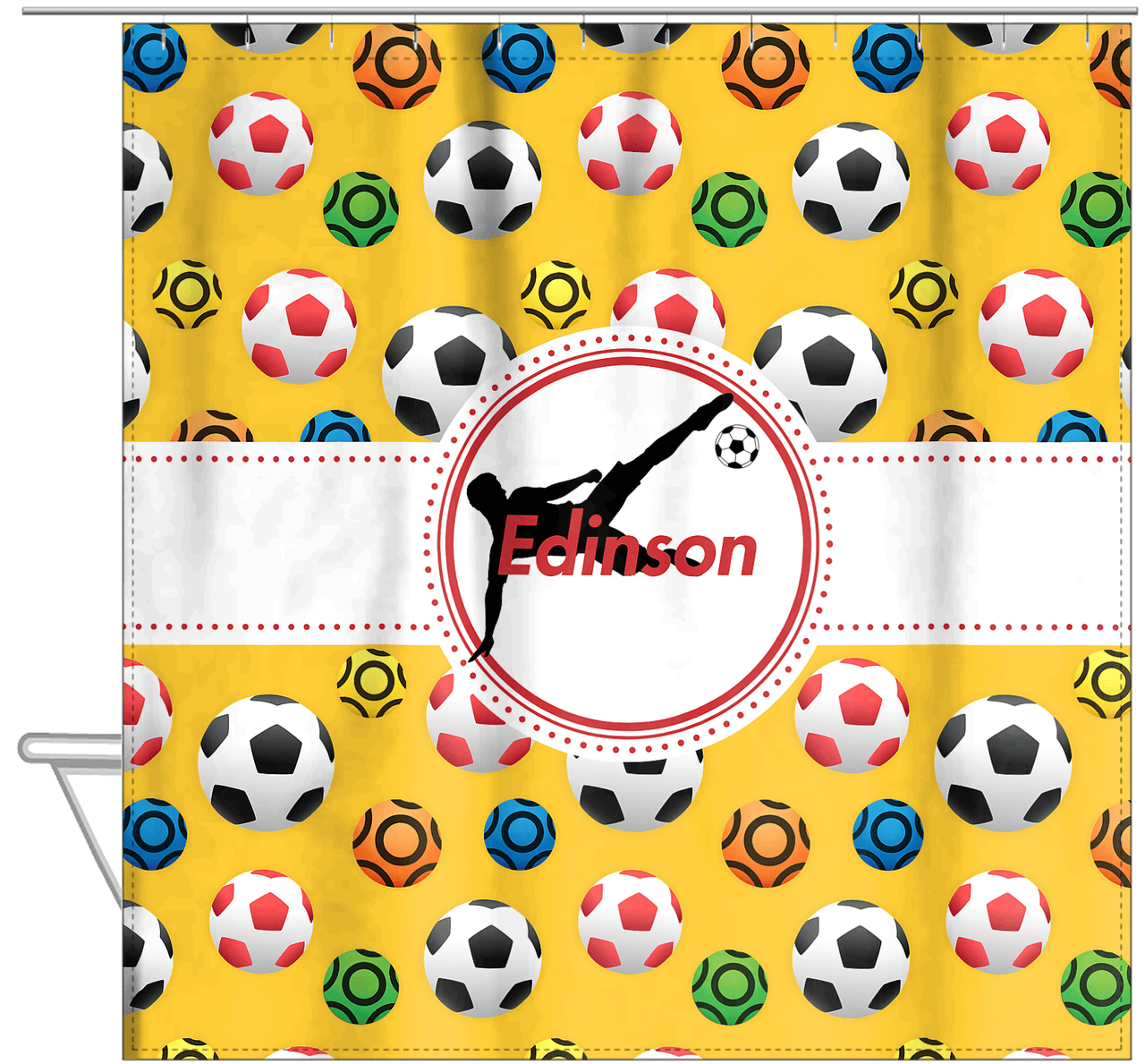 Personalized Soccer Shower Curtain XLVII - Yellow Background - Boy Silhouette IV - Hanging View