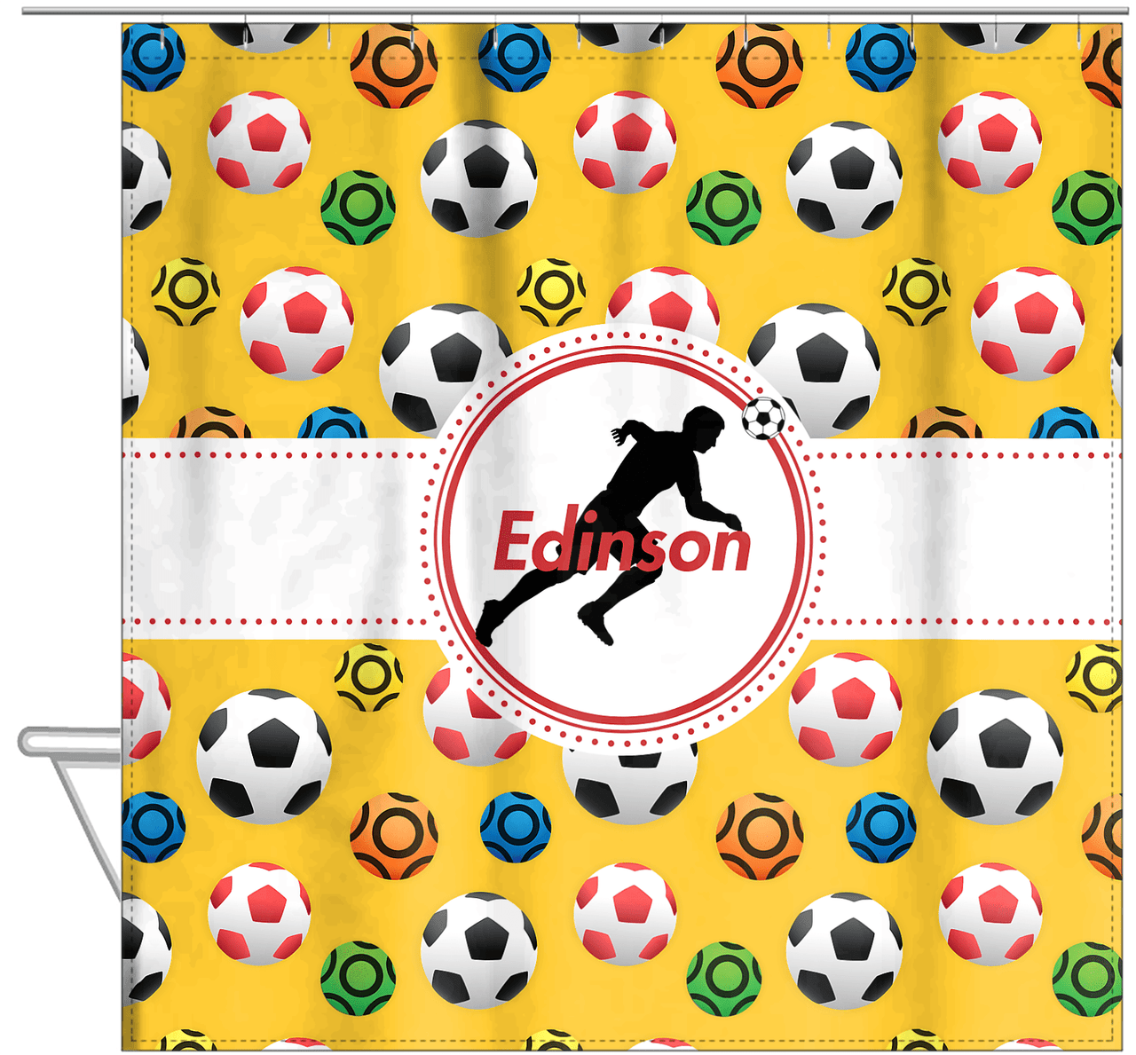 Personalized Soccer Shower Curtain XLVII - Yellow Background - Boy Silhouette V - Hanging View