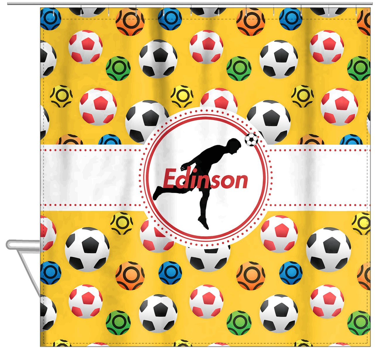 Personalized Soccer Shower Curtain XLVII - Yellow Background - Boy Silhouette VI - Hanging View