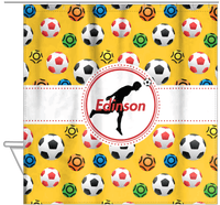 Thumbnail for Personalized Soccer Shower Curtain XLVII - Yellow Background - Boy Silhouette VI - Hanging View