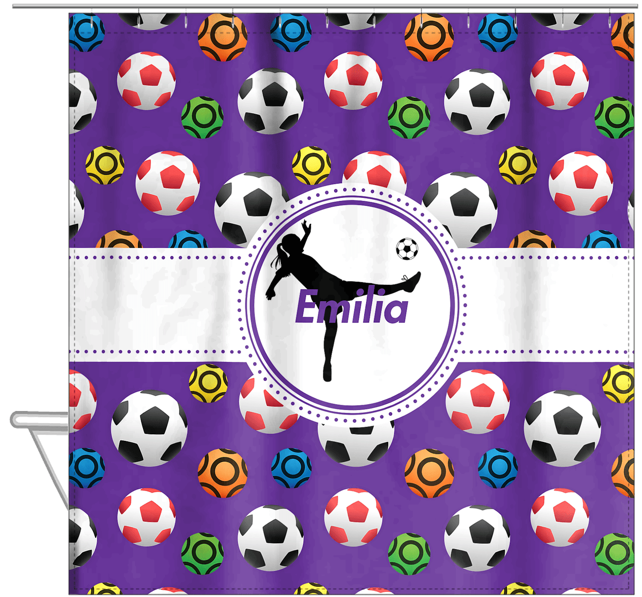 Personalized Soccer Shower Curtain XLVIII - Purple Background - Girl Silhouette I - Hanging View