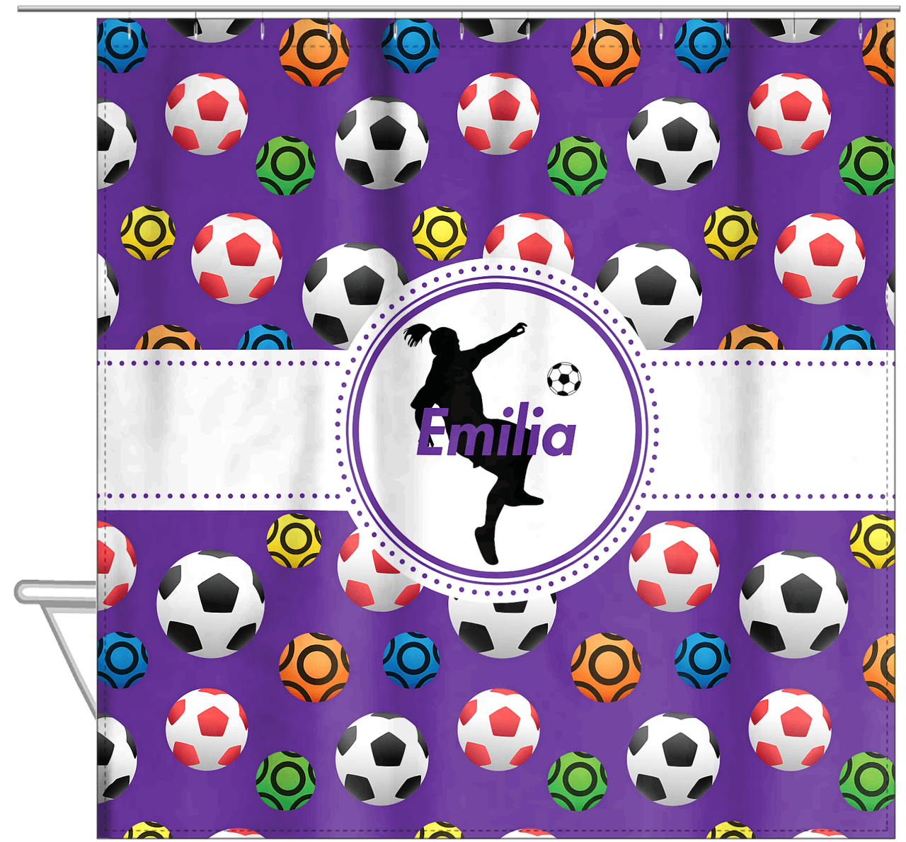 Personalized Soccer Shower Curtain XLVIII - Purple Background - Girl Silhouette II - Hanging View