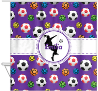 Thumbnail for Personalized Soccer Shower Curtain XLVIII - Purple Background - Girl Silhouette II - Hanging View