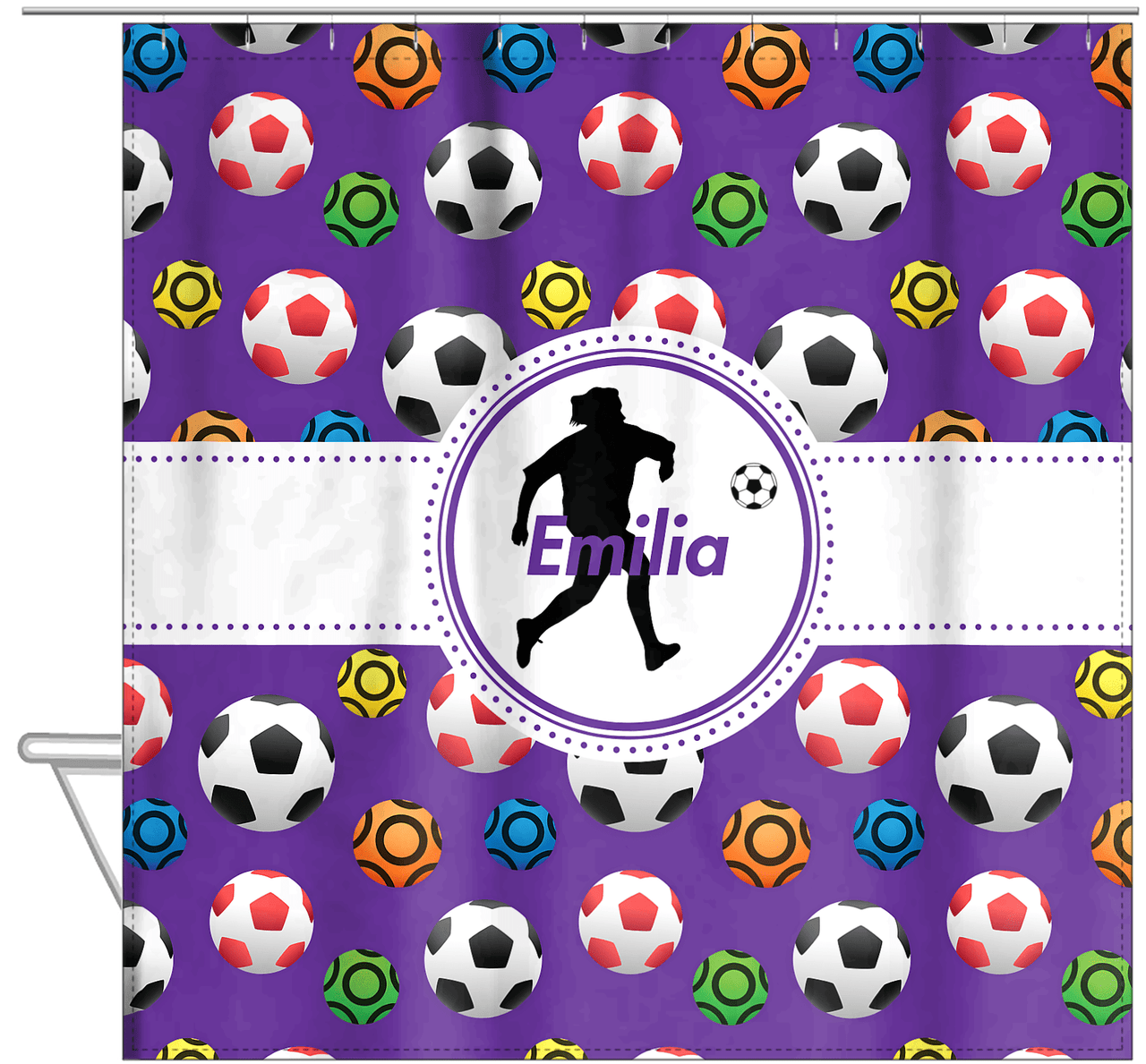 Personalized Soccer Shower Curtain XLVIII - Purple Background - Girl Silhouette III - Hanging View
