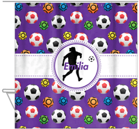 Thumbnail for Personalized Soccer Shower Curtain XLVIII - Purple Background - Girl Silhouette III - Hanging View