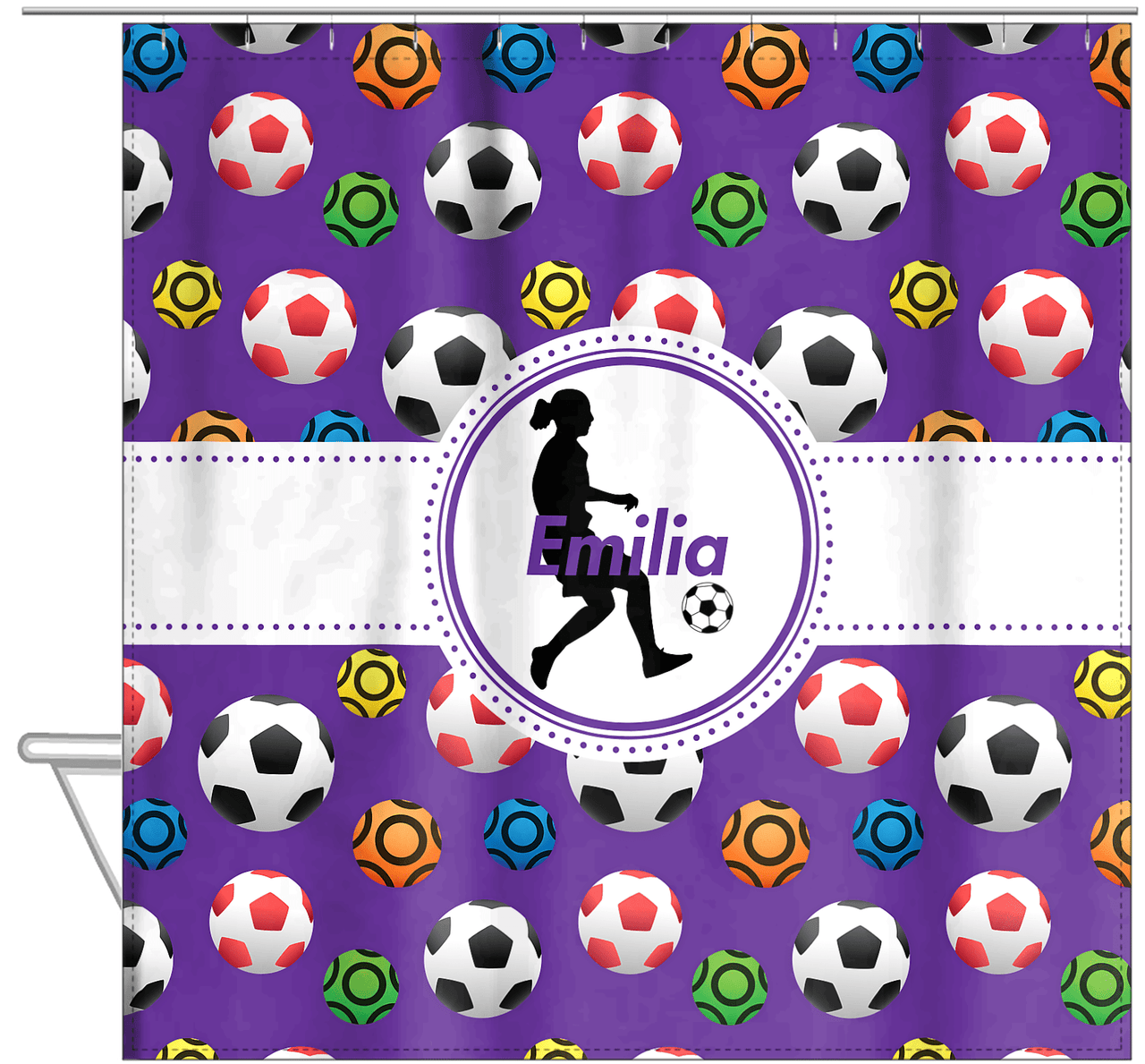Personalized Soccer Shower Curtain XLVIII - Purple Background - Girl Silhouette IV - Hanging View