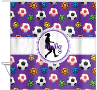Thumbnail for Personalized Soccer Shower Curtain XLVIII - Purple Background - Girl Silhouette IV - Hanging View