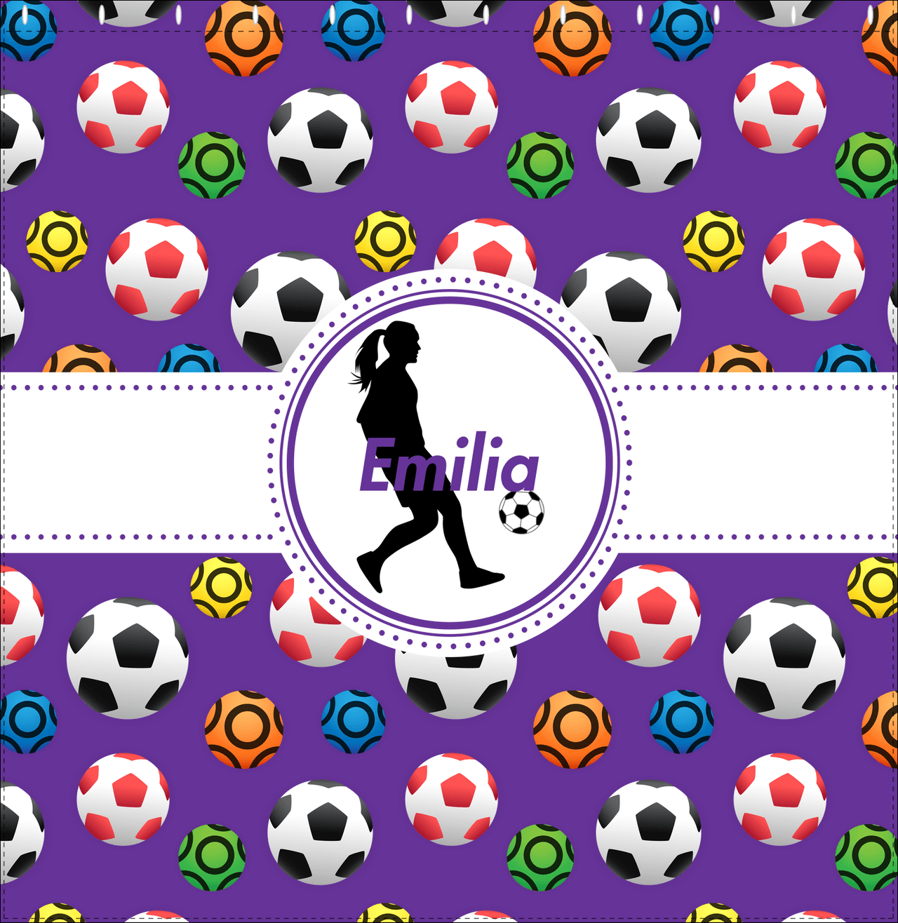 Personalized Soccer Shower Curtain XLVIII - Purple Background - Girl Silhouette V - Decorate View