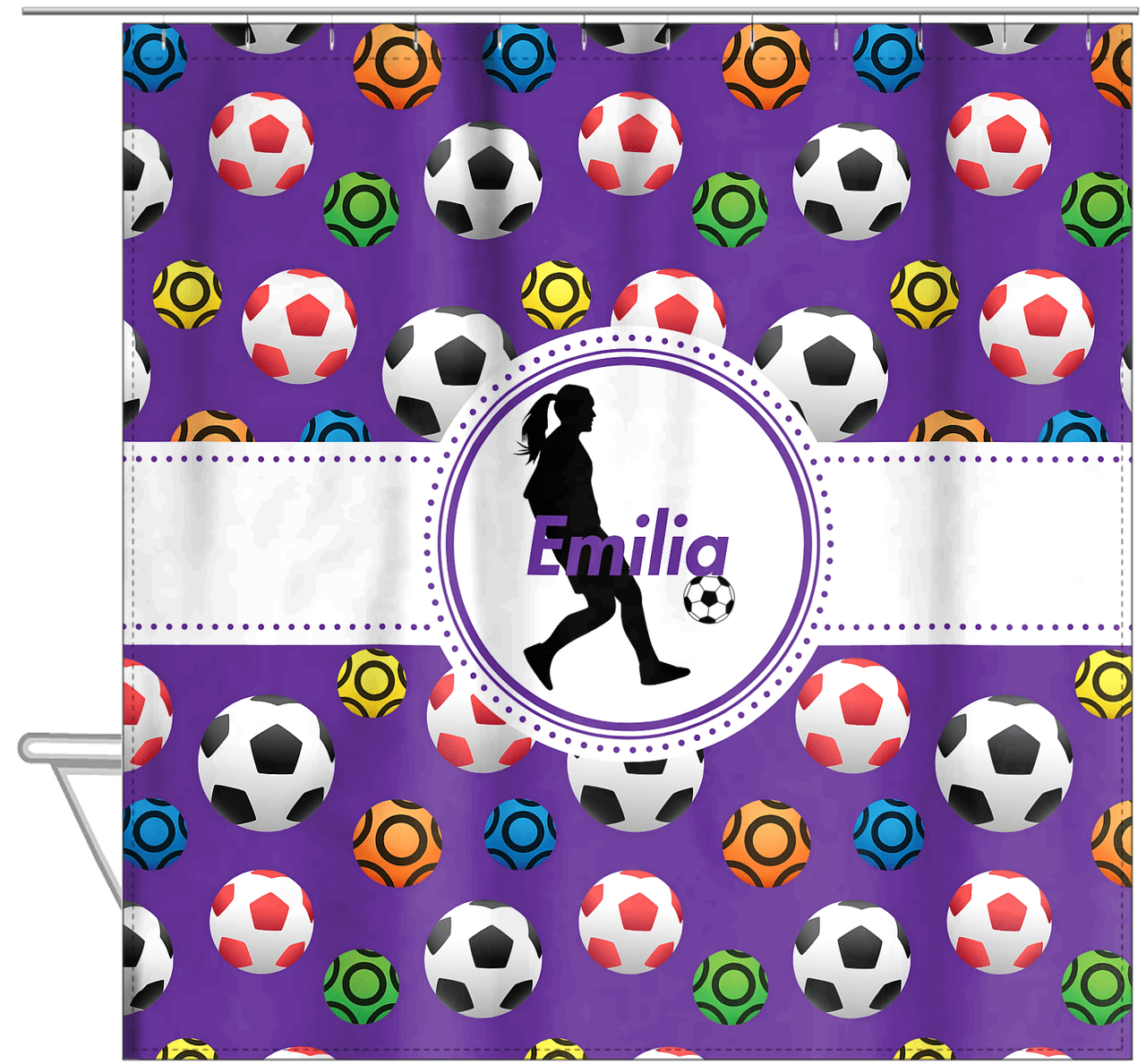 Personalized Soccer Shower Curtain XLVIII - Purple Background - Girl Silhouette V - Hanging View