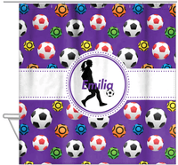 Thumbnail for Personalized Soccer Shower Curtain XLVIII - Purple Background - Girl Silhouette V - Hanging View