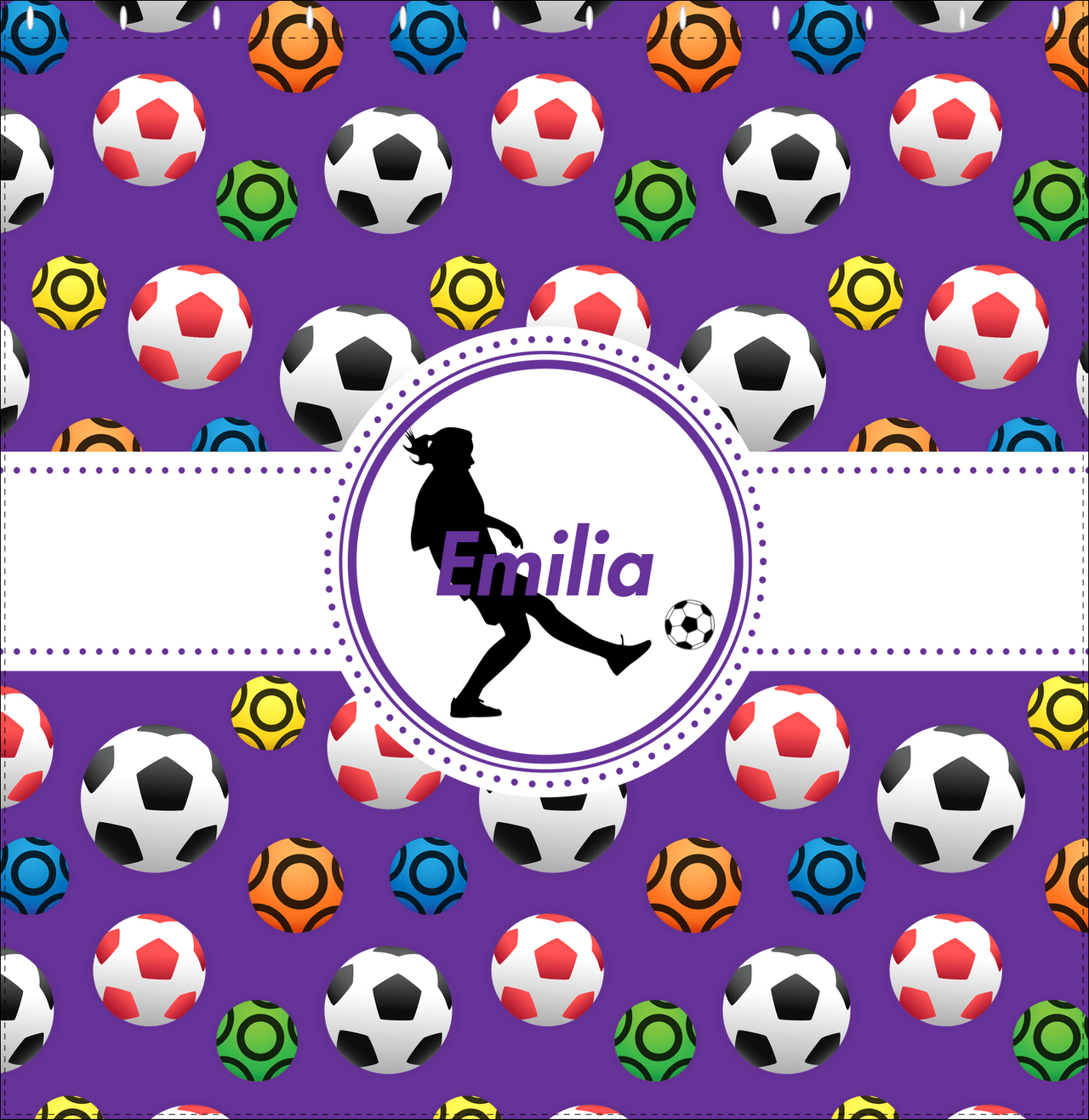 Personalized Soccer Shower Curtain XLVIII - Purple Background - Girl Silhouette VI - Decorate View