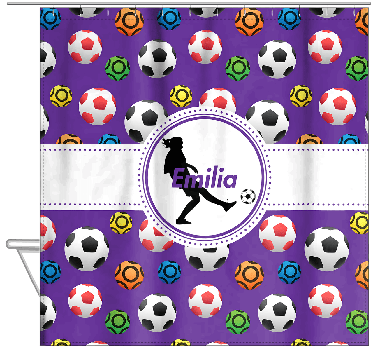 Personalized Soccer Shower Curtain XLVIII - Purple Background - Girl Silhouette VI - Hanging View