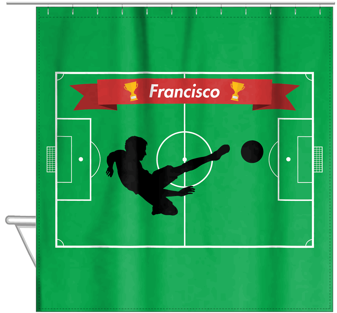 Personalized Soccer Shower Curtain XLIX - Green Background - Boy Silhouette I - Hanging View