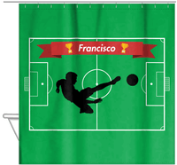 Thumbnail for Personalized Soccer Shower Curtain XLIX - Green Background - Boy Silhouette I - Hanging View