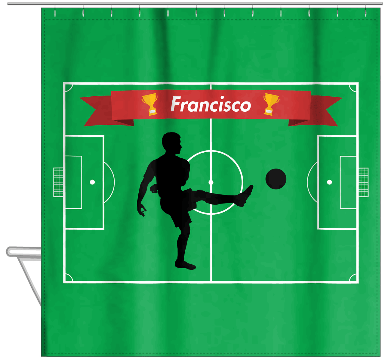 Personalized Soccer Shower Curtain XLIX - Green Background - Boy Silhouette II - Hanging View