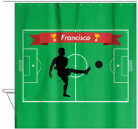 Thumbnail for Personalized Soccer Shower Curtain XLIX - Green Background - Boy Silhouette II - Hanging View