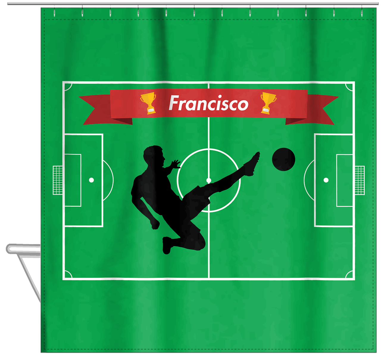 Personalized Soccer Shower Curtain XLIX - Green Background - Boy Silhouette III - Hanging View