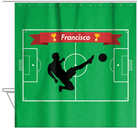 Thumbnail for Personalized Soccer Shower Curtain XLIX - Green Background - Boy Silhouette III - Hanging View