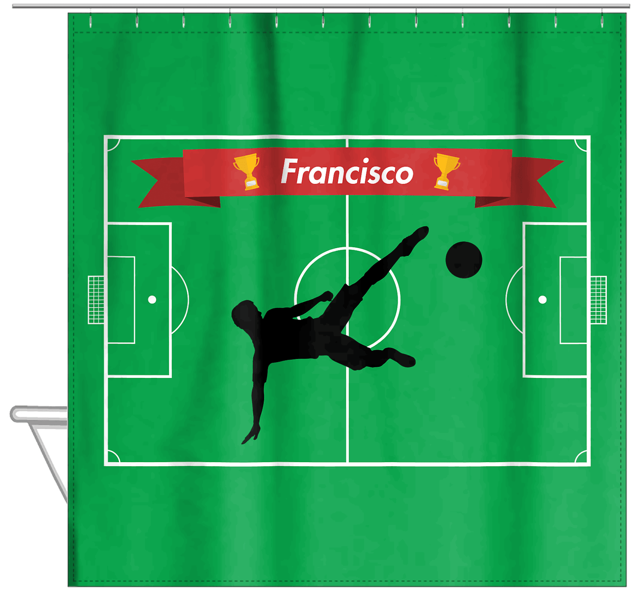 Personalized Soccer Shower Curtain XLIX - Green Background - Boy Silhouette IV - Hanging View
